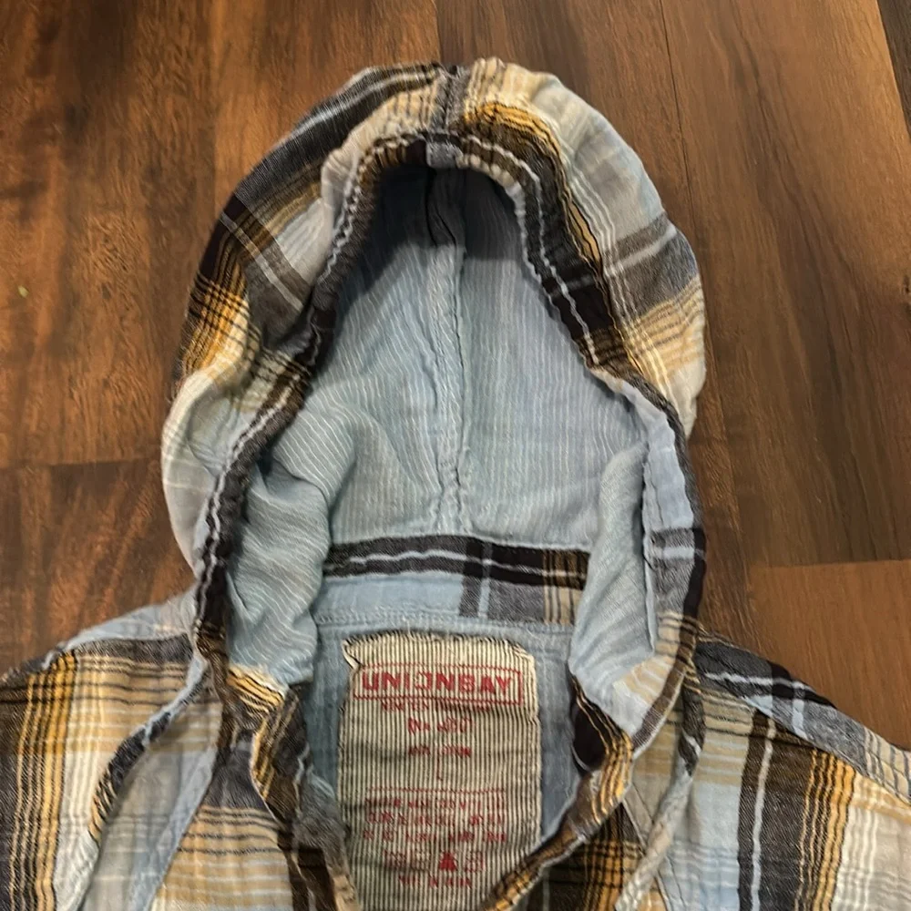 Unionbay Men Plaid Quilted 100% Cotton Long Sleeve Button Down Hooded Shirt sz L